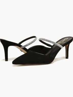 Sam Edelman Verity black suede leather mules with silver rhinestone strap US 8.5